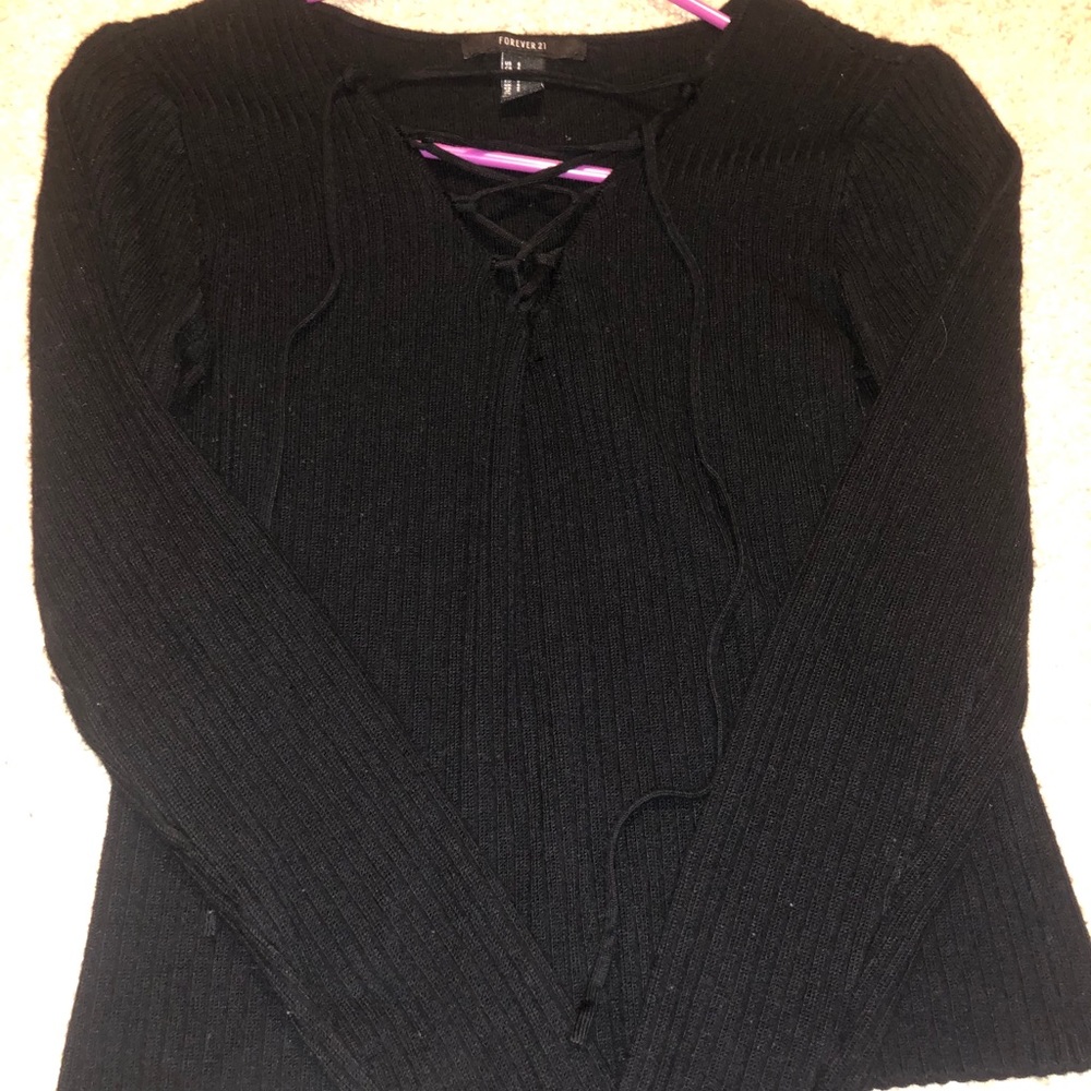 Black ribbed tie up shirt